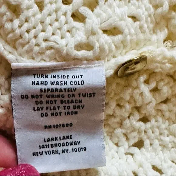 Lark Lane Cardigan Sweater Cream Cotton Crochet 3/4 Sleeve Cardigan Size Small - Picture 11 of 12